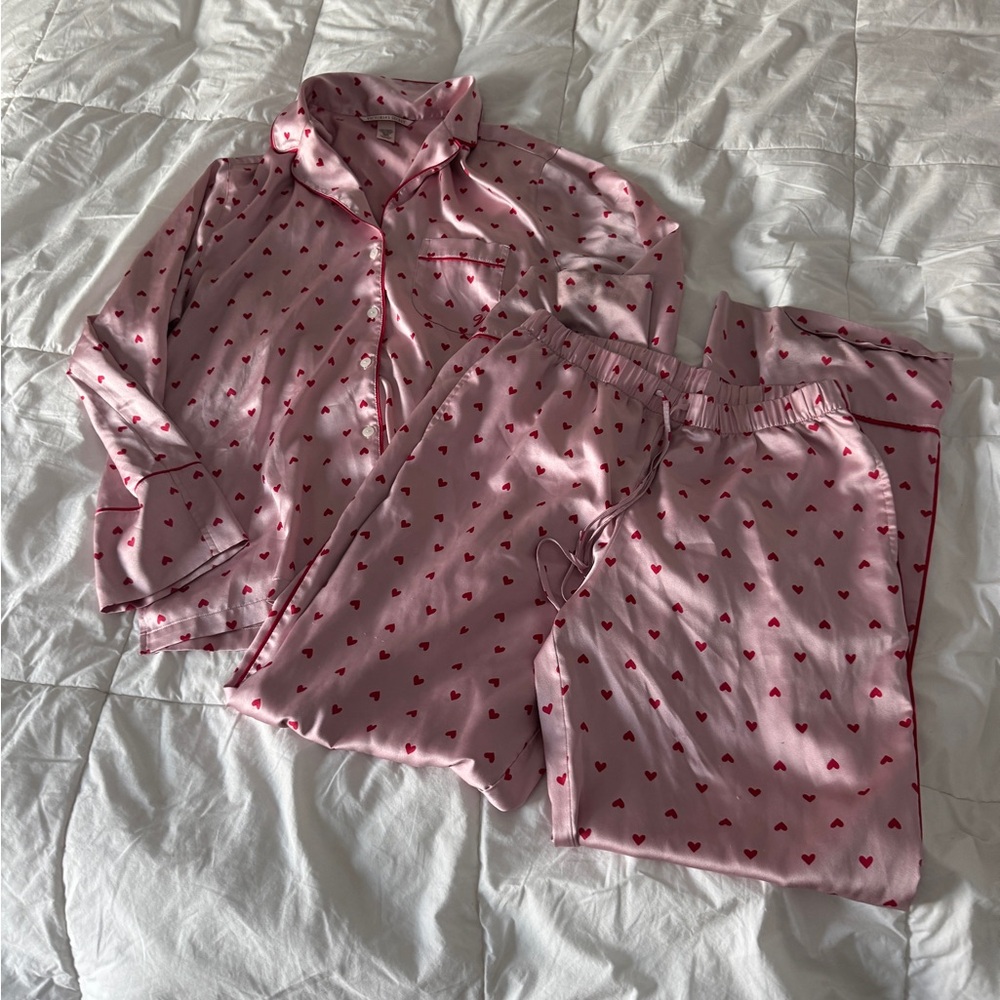 Vintage Victoria’s Secret Pink Heart Pajama Set XS | Silky Satin Long Sleeve PJs